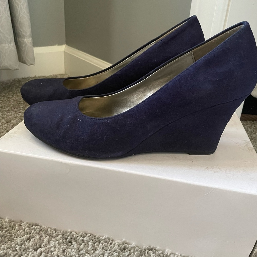 navy blue wedged shoe.